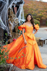 Elegant Orange A-Line Prom Gown with Puff Sleeves Ruched Detail and Bow