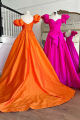 Elegant Fuchsia A-Line Prom Dress with Puff Sleeves Ruched Detail and Bow