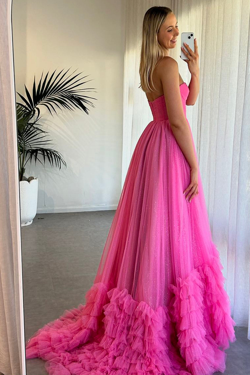 Long A-Line Corset Prom Dress in Fuchsia with Sweetheart Tulle and Ruffled Slit