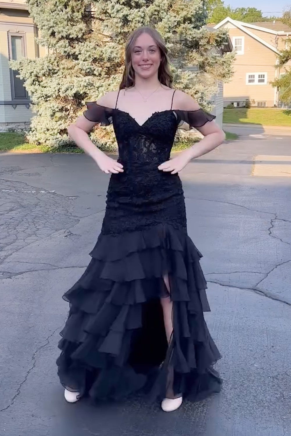 Long Black Chiffon Prom Dress with Cold Shoulder and Tiered Mermaid Hem Embellished with Appliques