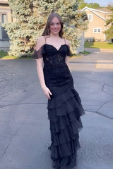 Long Black Chiffon Prom Dress with Cold Shoulder and Tiered Mermaid Hem Embellished with Appliques
