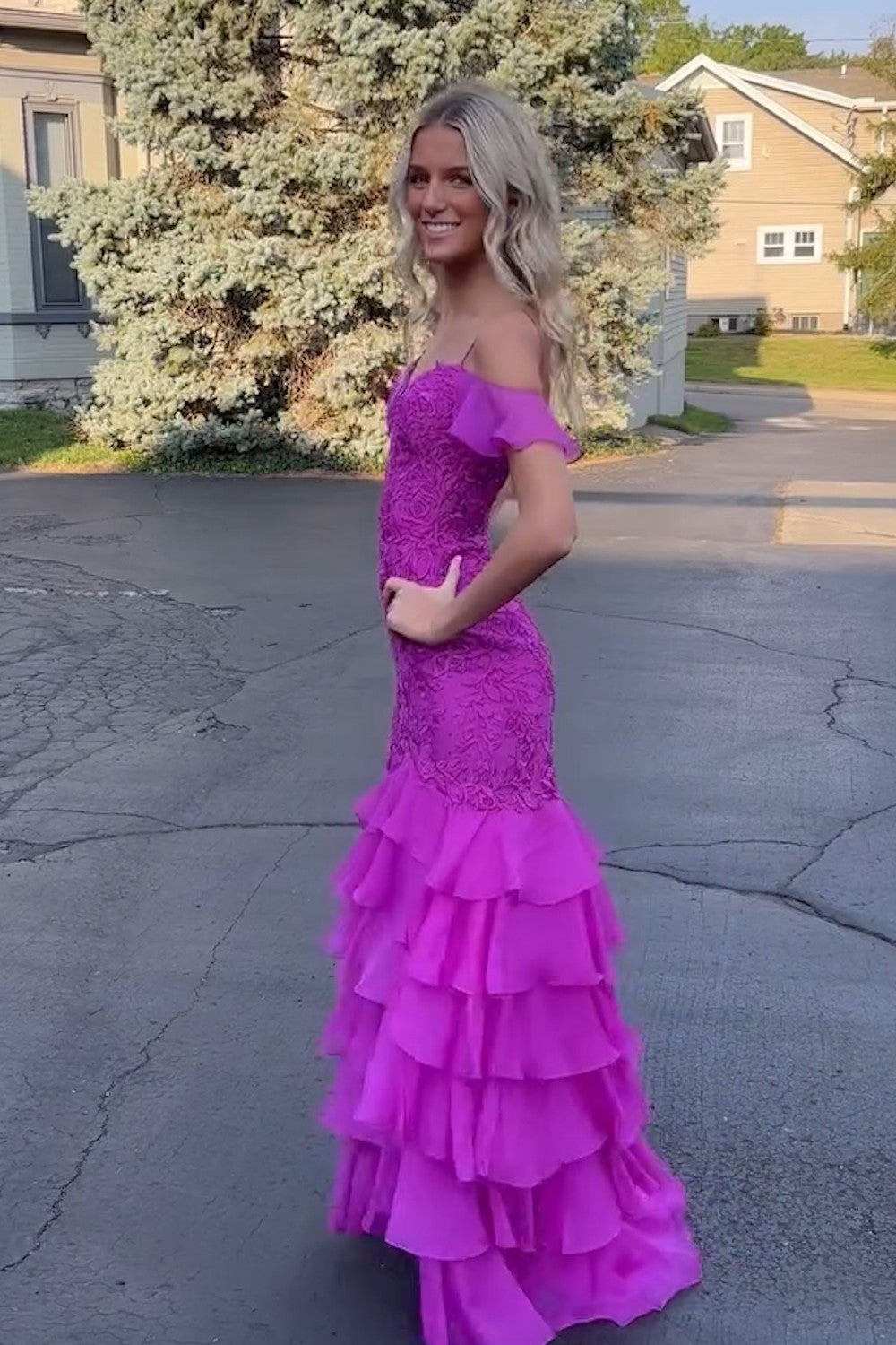 Long Black Chiffon Prom Dress with Cold Shoulder and Tiered Mermaid Hem Embellished with Appliques