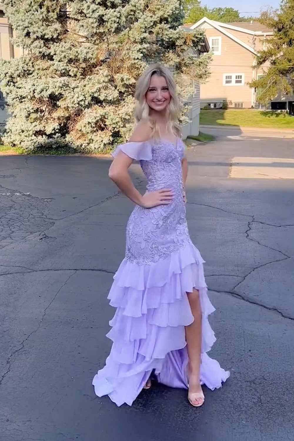 Long Black Chiffon Prom Dress with Cold Shoulder and Tiered Mermaid Hem Embellished with Appliques