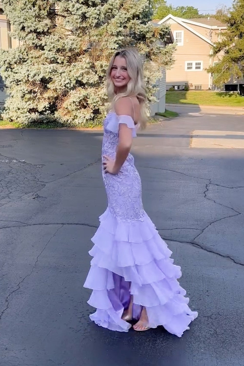 Long Black Chiffon Prom Dress with Cold Shoulder and Tiered Mermaid Hem Embellished with Appliques