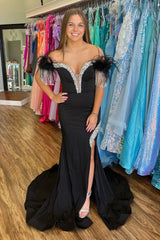 Long Black Satin Mermaid Prom Dress with Sequins Off the Shoulder