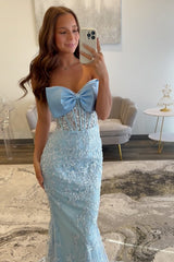 Long Strapless Prom Corset Dress in Sky Blue with Mermaid Appliques