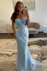Long Strapless Prom Corset Dress in Sky Blue with Mermaid Appliques