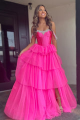Long A-Line Corset Prom Dress in Fuchsia with Off-Shoulder Tulle Tiers and Slit