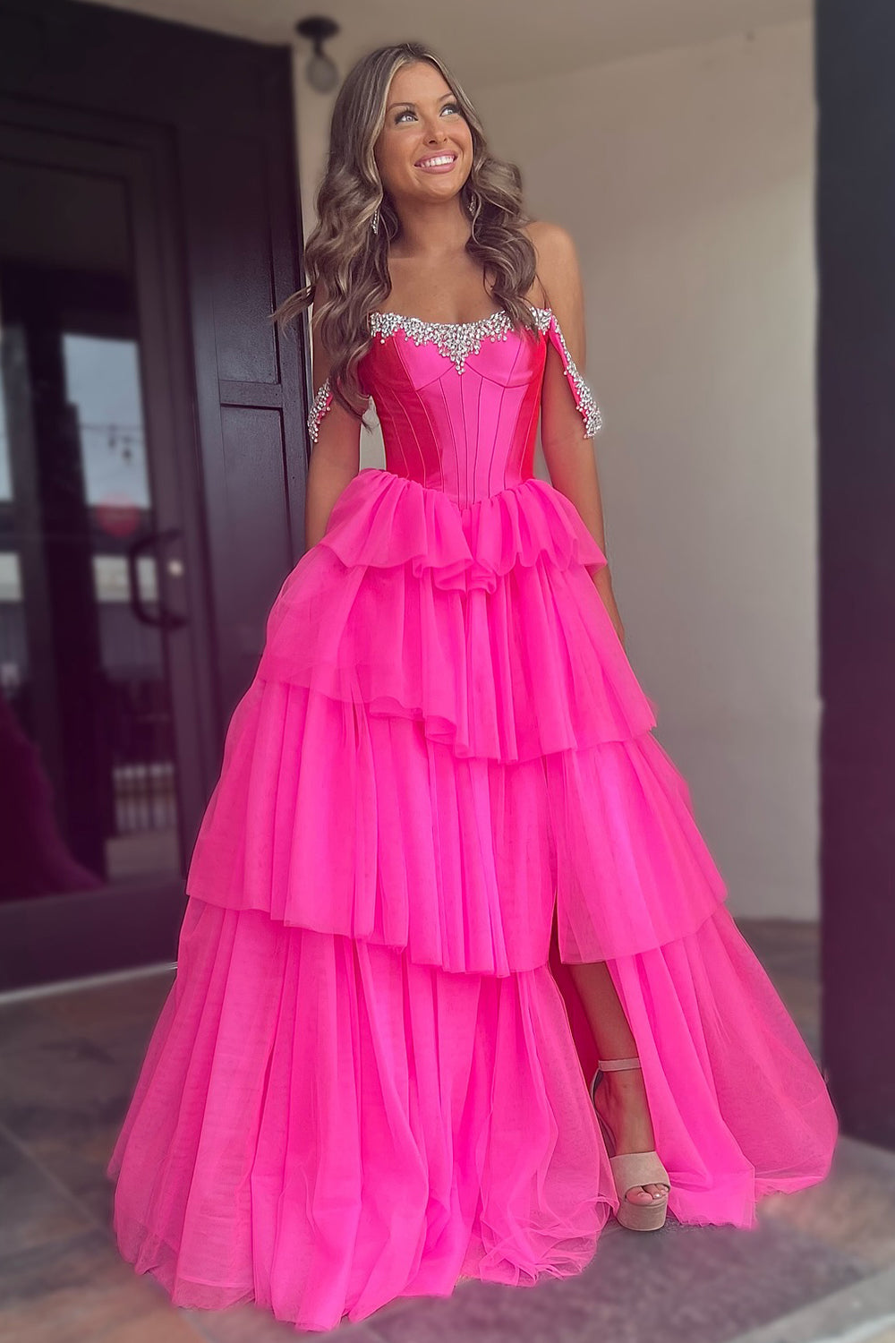 Long A-Line Corset Prom Dress in Fuchsia with Off-Shoulder Tulle Tiers and Slit
