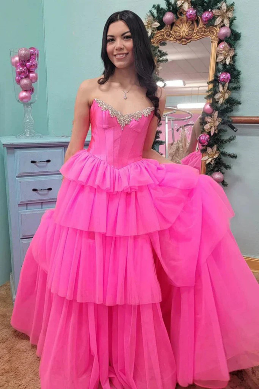 Long A-Line Corset Prom Dress in Fuchsia with Off-Shoulder Tulle Tiers and Slit