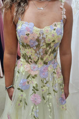Long A-Line Corset Prom Dress in Yellow with Spaghetti Straps and Tulle Appliques