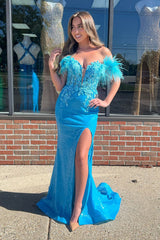 Long Blue Sparkly Mermaid Corset Prom Dress with Feather and Off-the-Shoulder Sequins