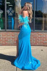 Long Blue Sparkly Mermaid Corset Prom Dress with Feather and Off-the-Shoulder Sequins
