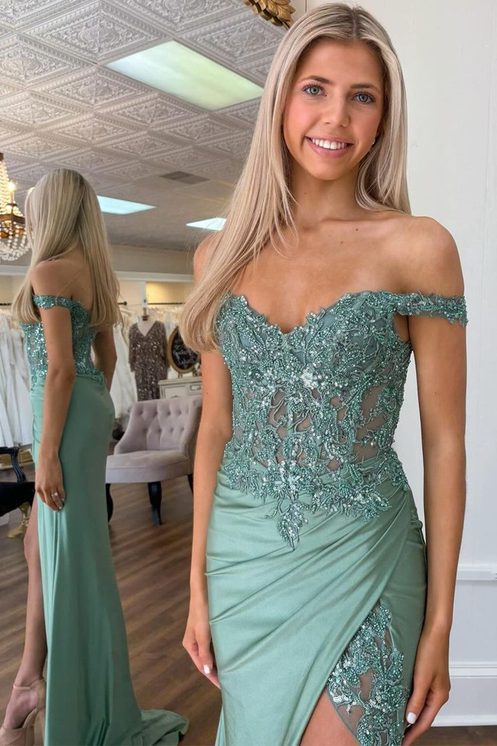 Long Green Mermaid Prom Dress with Off-Shoulder Neckline and Appliqued Corset Slit