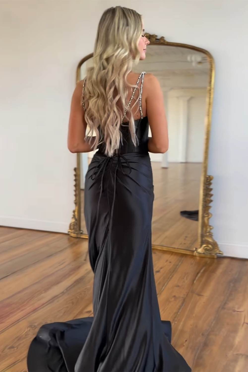 Long Mermaid Prom Dress in Yellow Satin with Spaghetti Straps
