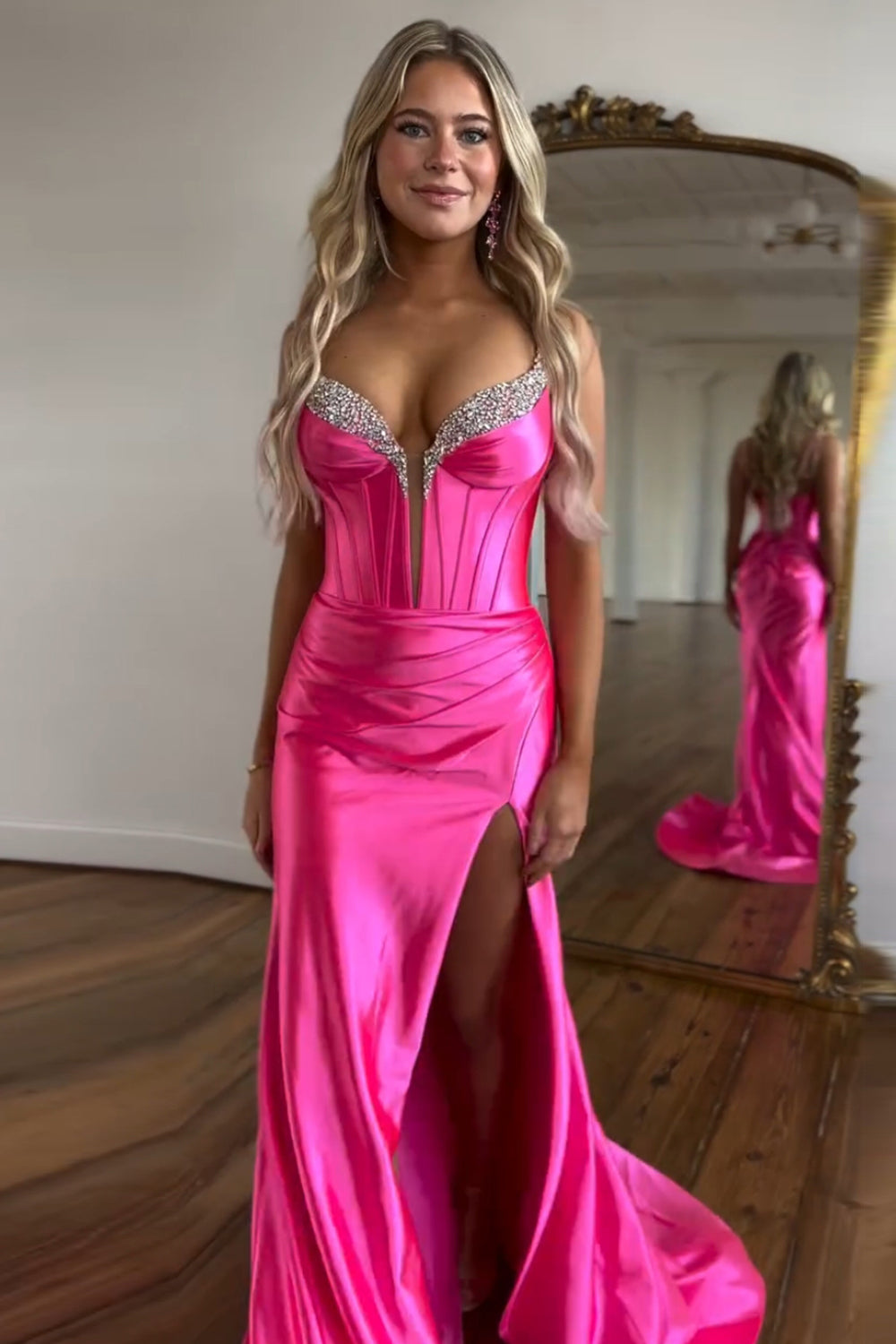 Long Satin Prom Dress with Fuchsia Spaghetti Straps and Beading