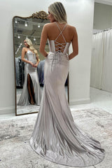 Long Grey Satin Corset Prom Dress with Beaded Details and Slit