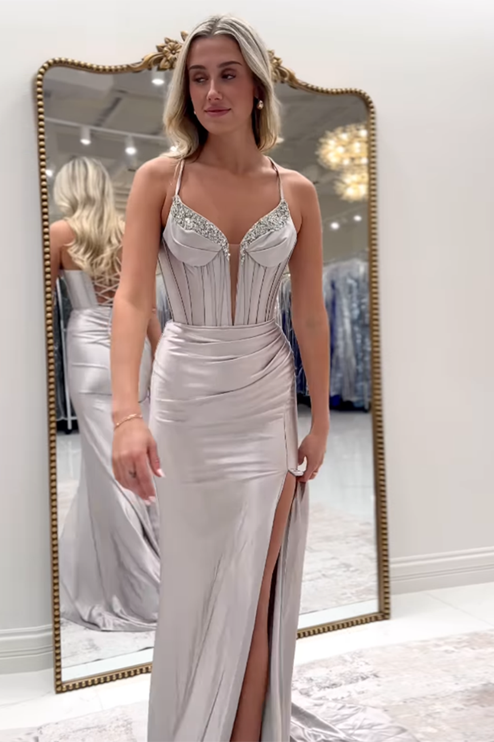 Long Satin Prom Dress with Fuchsia Spaghetti Straps and Beading