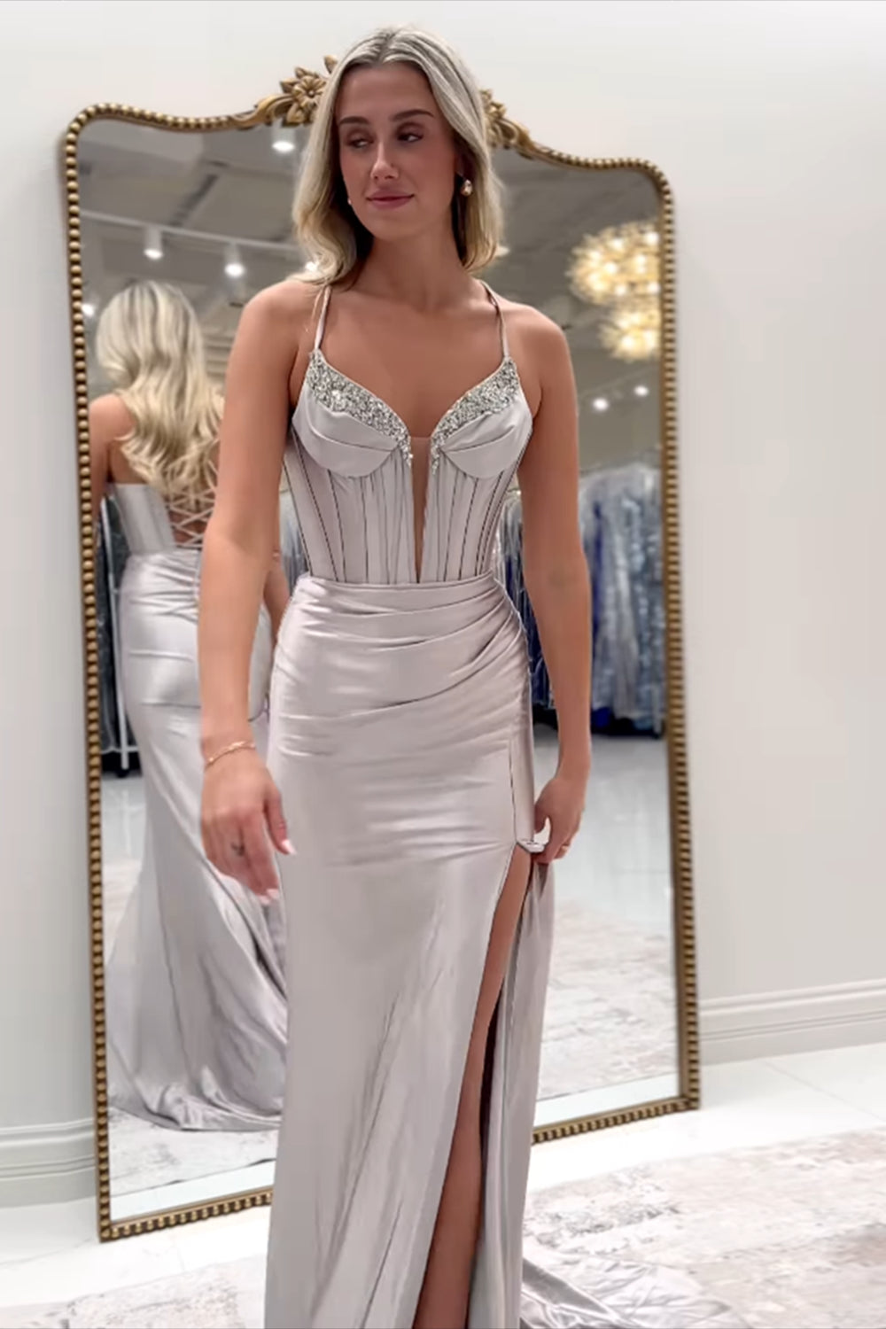 Long Mermaid Prom Dress in Yellow Satin with Spaghetti Straps