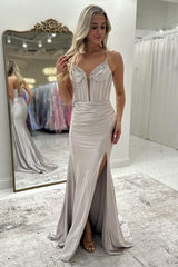Long Grey Satin Corset Prom Dress with Beaded Details and Slit