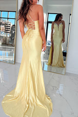 Long Mermaid Prom Dress in Yellow Satin with Spaghetti Straps