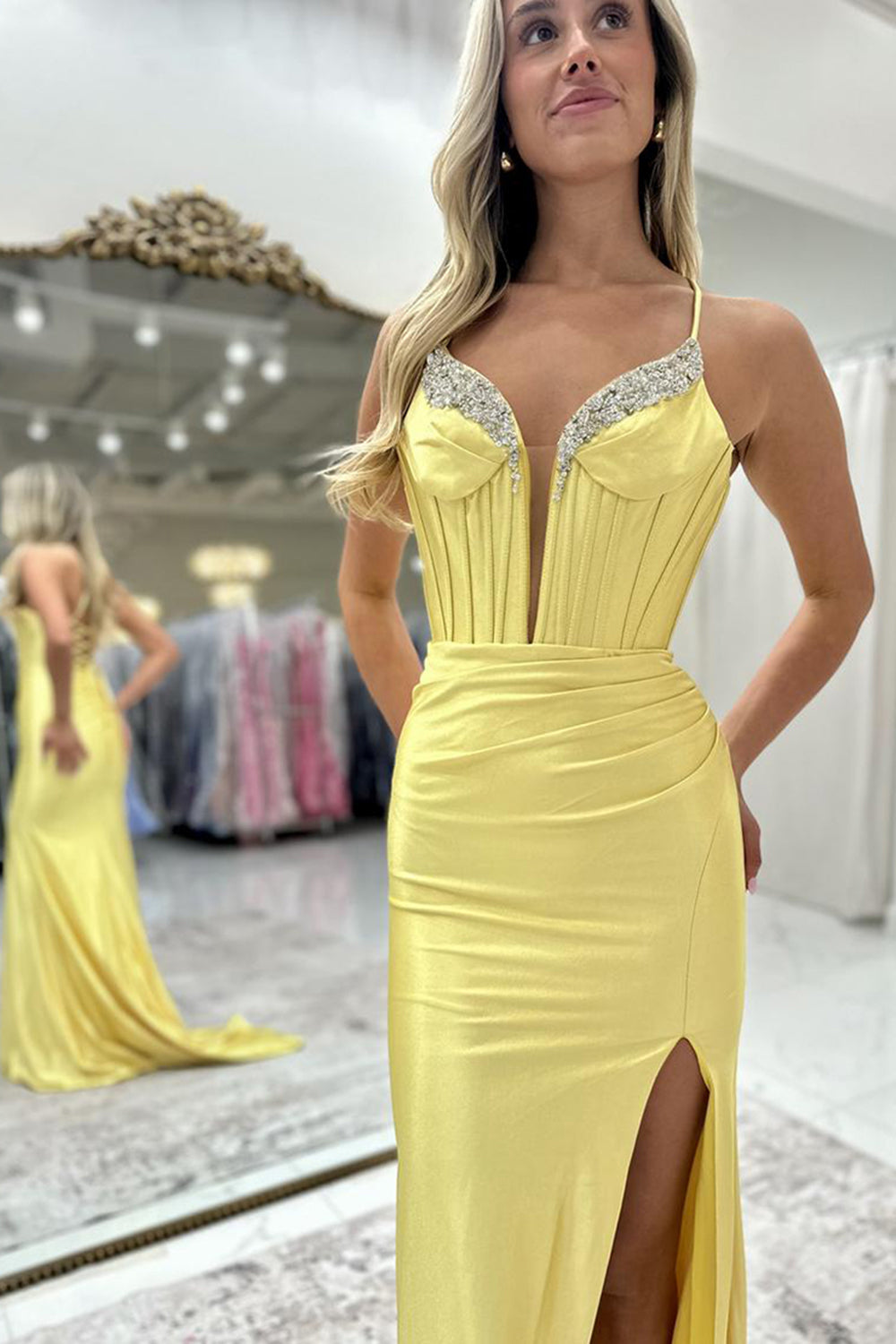 Long Satin Prom Dress with Fuchsia Spaghetti Straps and Beading