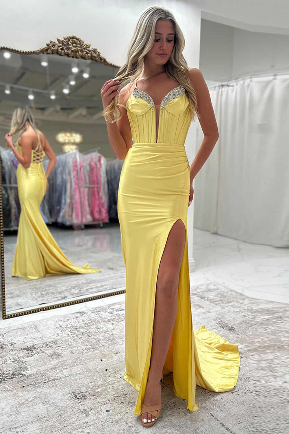 Long Grey Satin Corset Prom Dress with Beaded Details and Slit