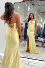 Long Mermaid Prom Dress in Yellow Satin with Spaghetti Straps