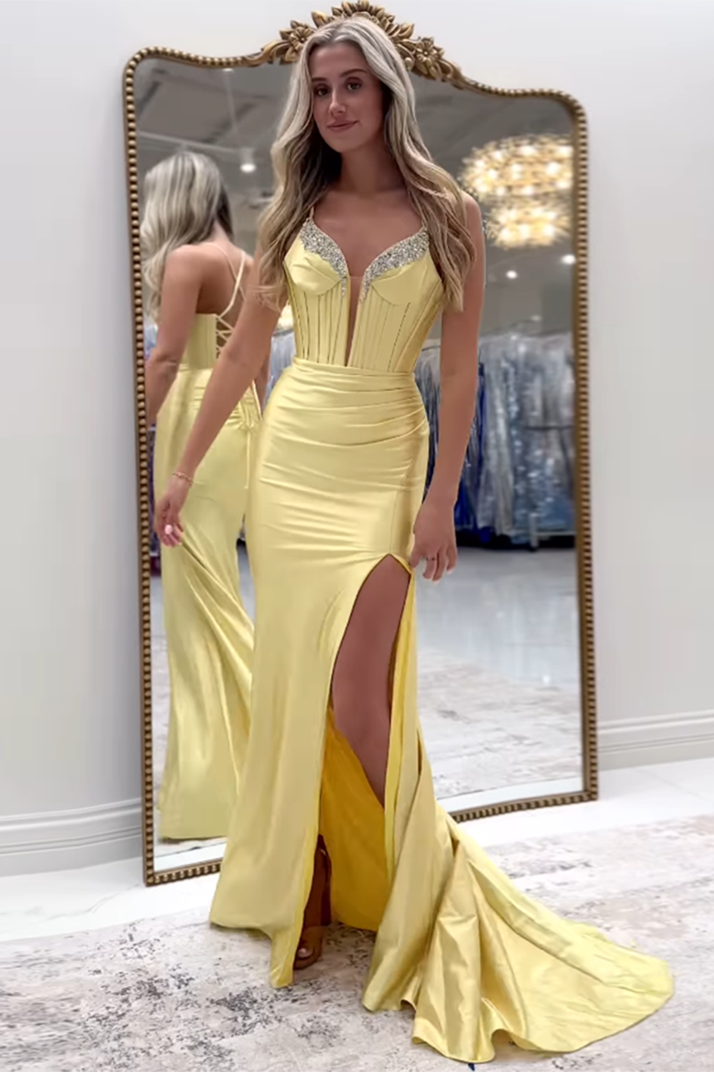 Long Satin Prom Dress with Fuchsia Spaghetti Straps and Beading