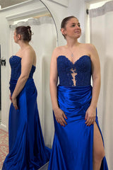Long Sweetheart Corset Prom Dress in Royal Blue with Mermaid Silhouette and Appliques