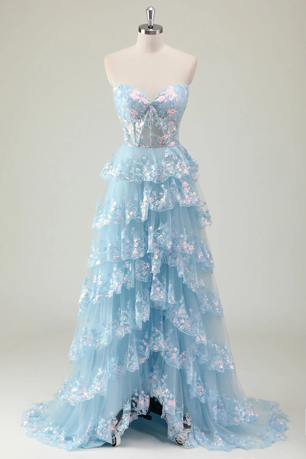 Sweetheart Blue Sparkly Long A-Line Corset Prom Dress with Ruffles and Sequins Featuring a Slit
