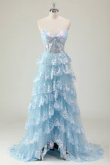 Sweetheart A-Line Corset Prom Dress with Sparkly Blue Sequins Ruffles and Slit
