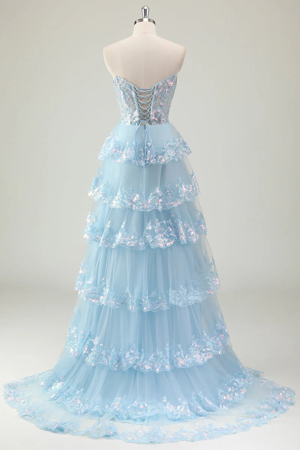 Sweetheart Blue Sparkly Long A-Line Corset Prom Dress with Ruffles and Sequins Featuring a Slit