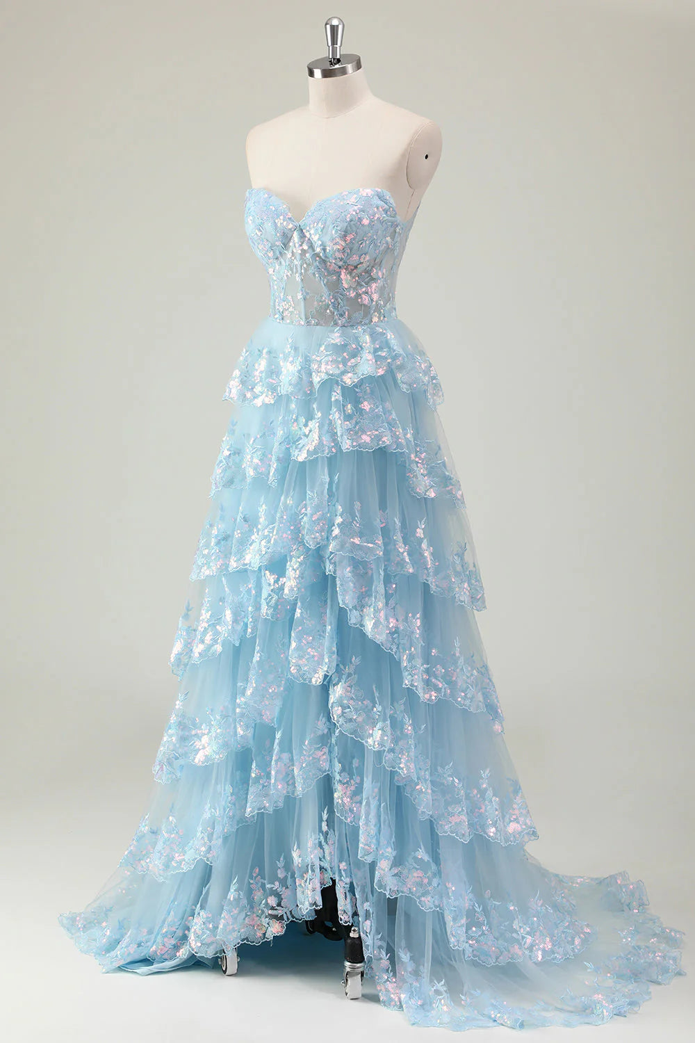 Sweetheart Blue Sparkly Long A-Line Corset Prom Dress with Ruffles and Sequins Featuring a Slit
