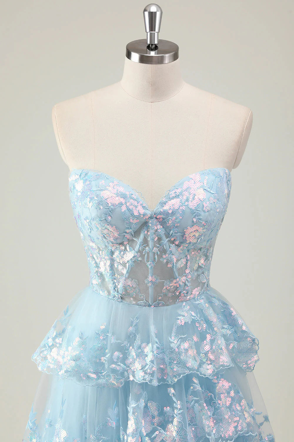 Sweetheart Blue Sparkly Long A-Line Corset Prom Dress with Ruffles and Sequins Featuring a Slit