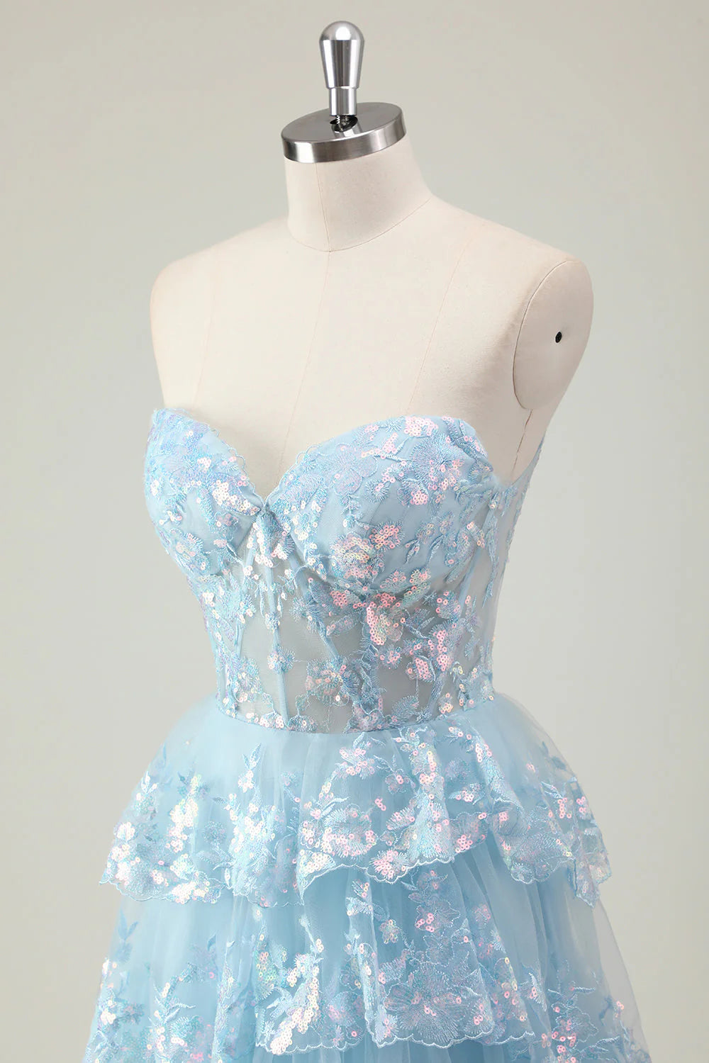 Sweetheart Blue Sparkly Long A-Line Corset Prom Dress with Ruffles and Sequins Featuring a Slit