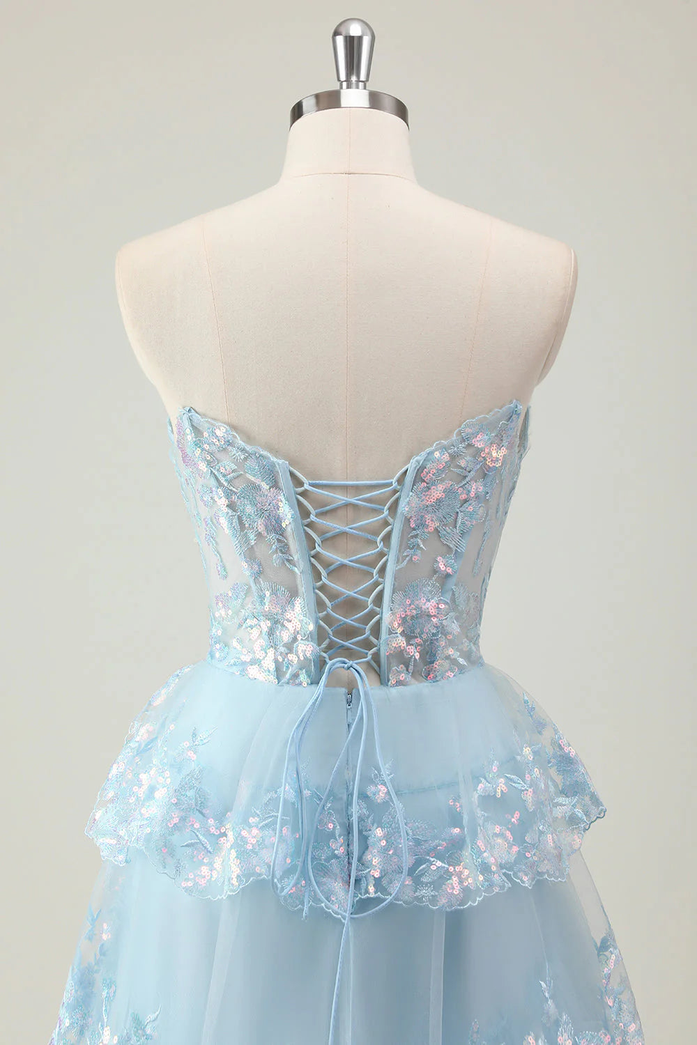 Sweetheart Blue Sparkly Long A-Line Corset Prom Dress with Ruffles and Sequins Featuring a Slit