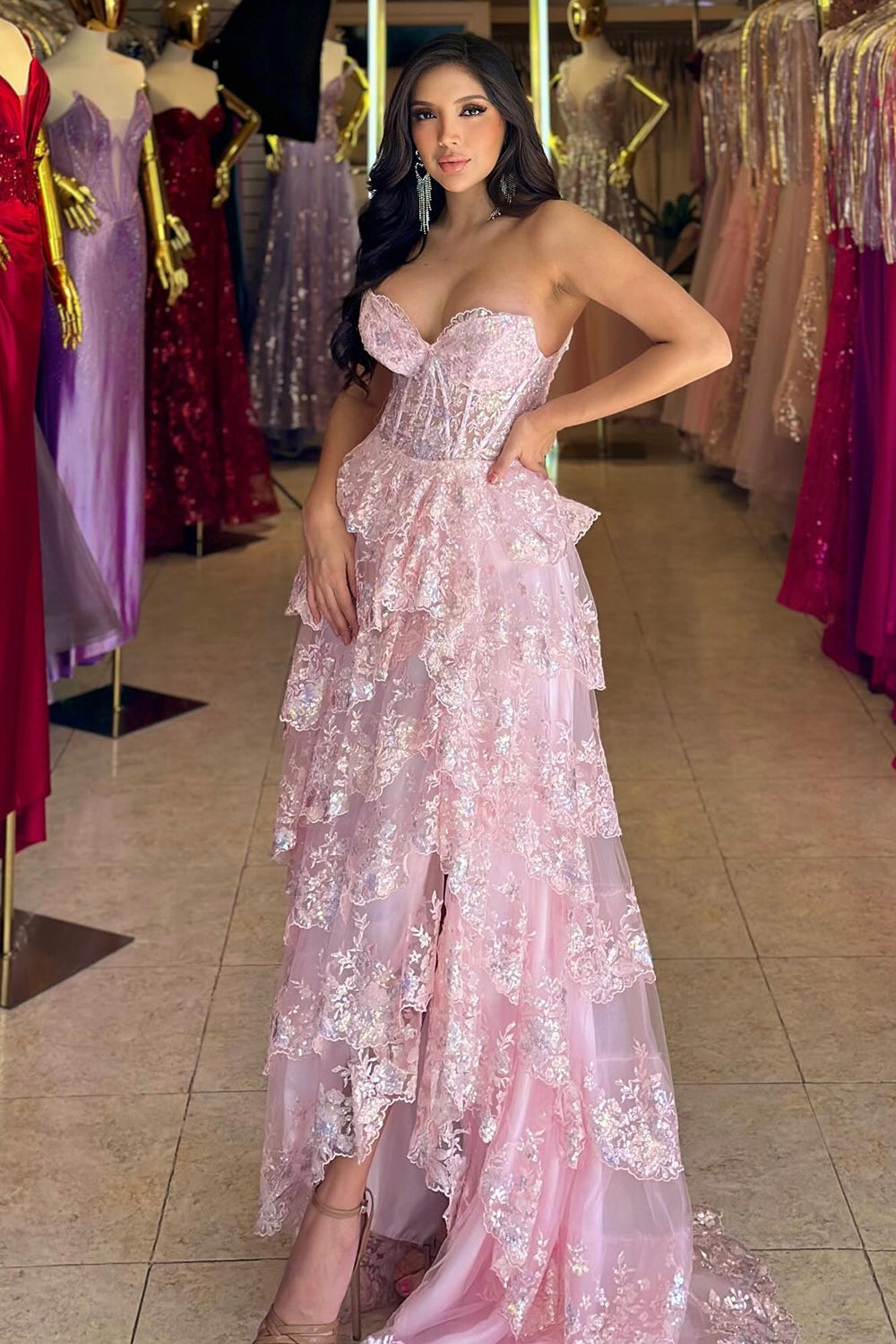 Sweetheart Blue Sparkly Long A-Line Corset Prom Dress with Ruffles and Sequins Featuring a Slit