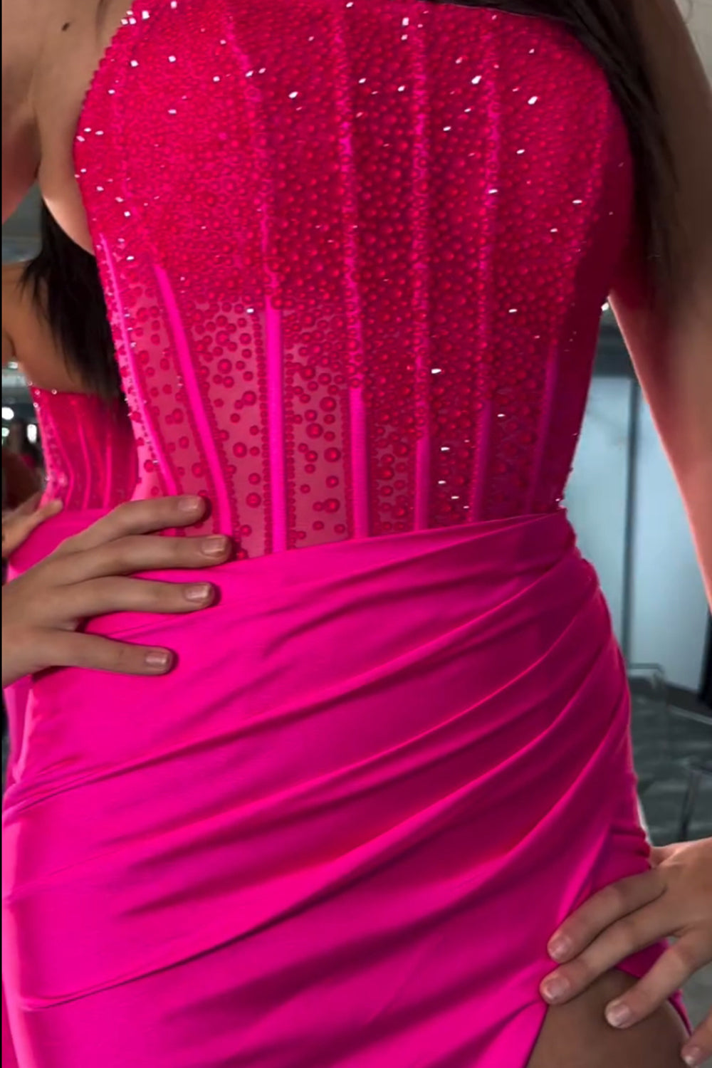 Long Beaded Red Mermaid Prom Dress with Sparkly Strapless Design and Slit
