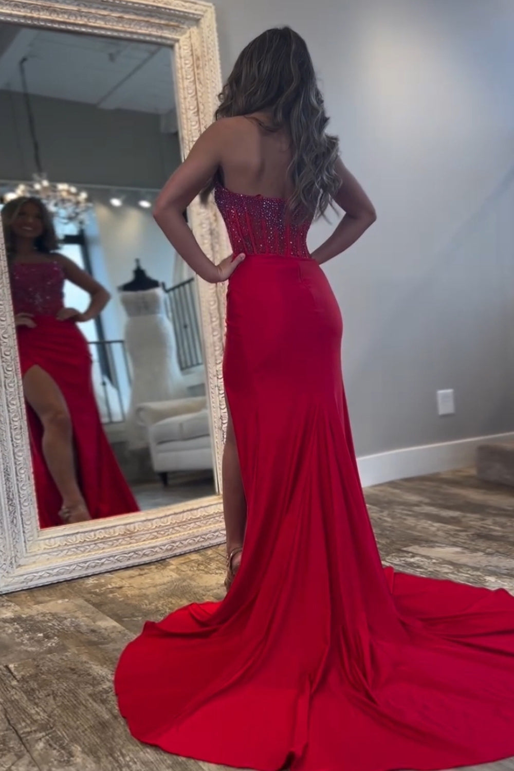 Long Beaded Red Mermaid Prom Dress with Sparkly Strapless Design and Slit