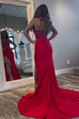 Long Beaded Red Mermaid Prom Dress with Sparkly Strapless Design and Slit