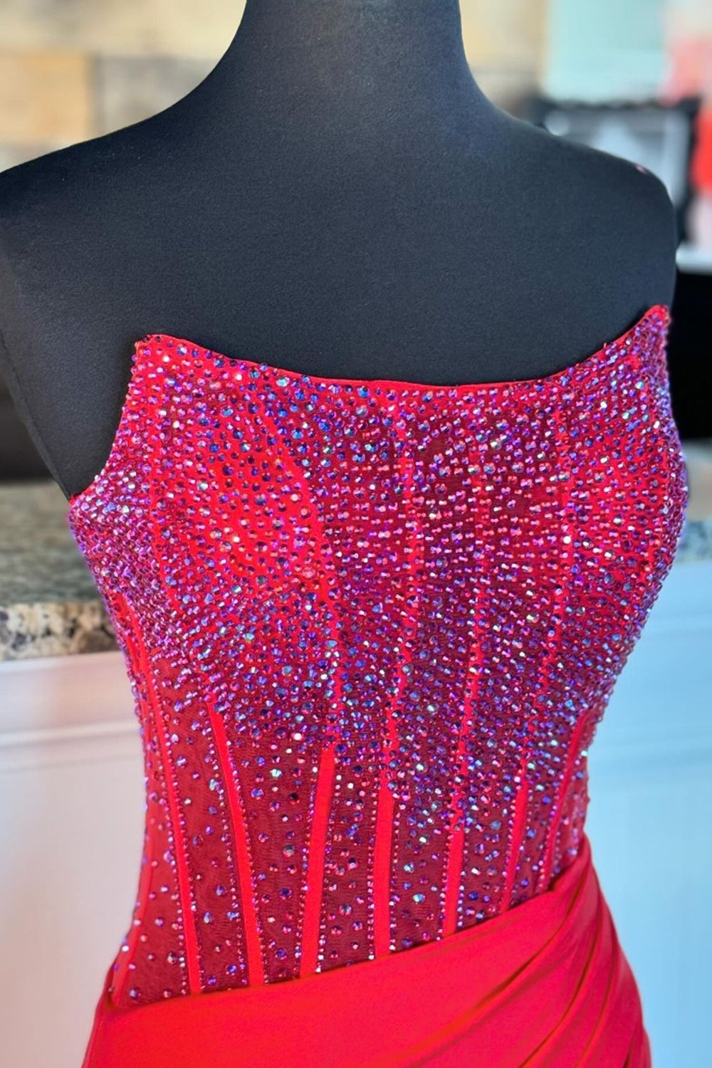 Long Beaded Red Mermaid Prom Dress with Sparkly Strapless Design and Slit