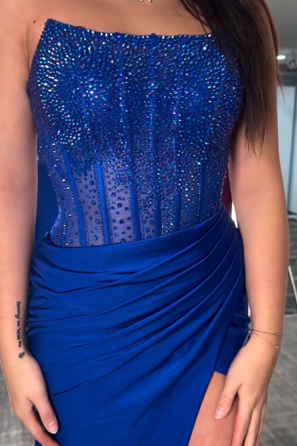 Long Beaded Red Mermaid Prom Dress with Sparkly Strapless Design and Slit