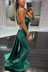 Long Mermaid Prom Dress with Dark Green Spaghetti Straps and Beading