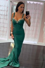 Long Mermaid Prom Dress with Dark Green Spaghetti Straps and Beading