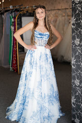 Long Chiffon Prom Dress with White Blue Flower Print Corset & A-Line Slit