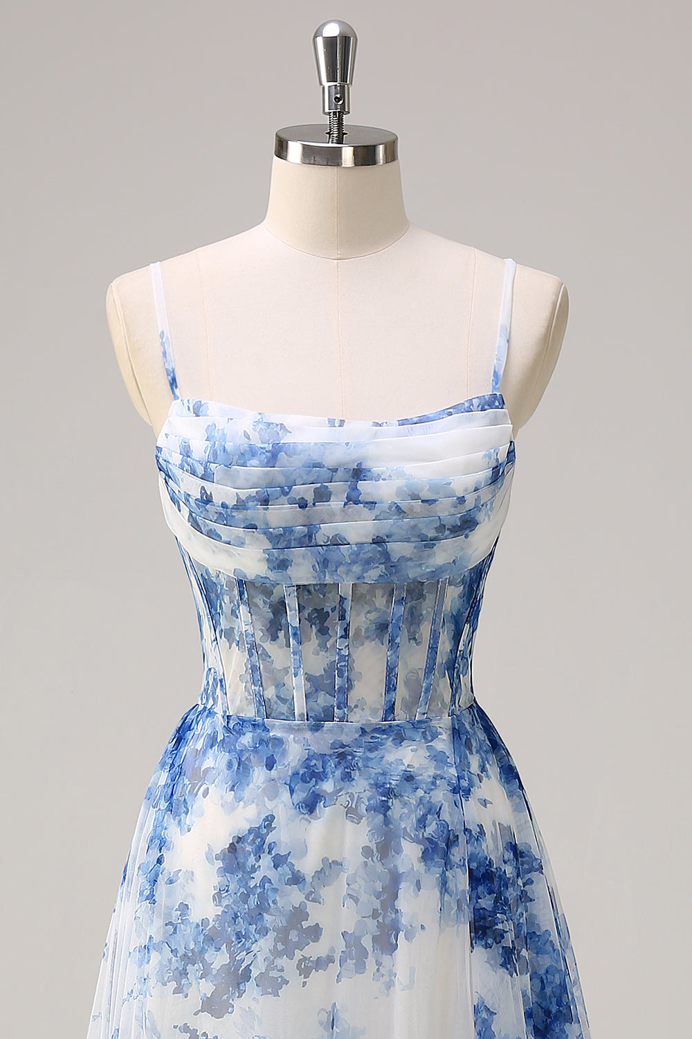 Long Chiffon Prom Dress with White Blue Flower Print Corset & A-Line Slit