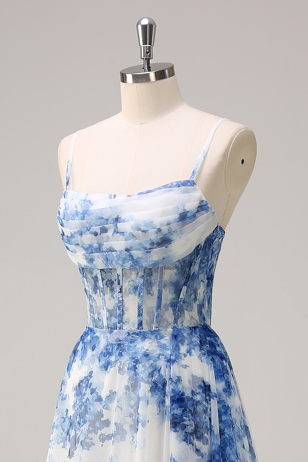 Long Chiffon Prom Dress with White Blue Flower Print Corset & A-Line Slit