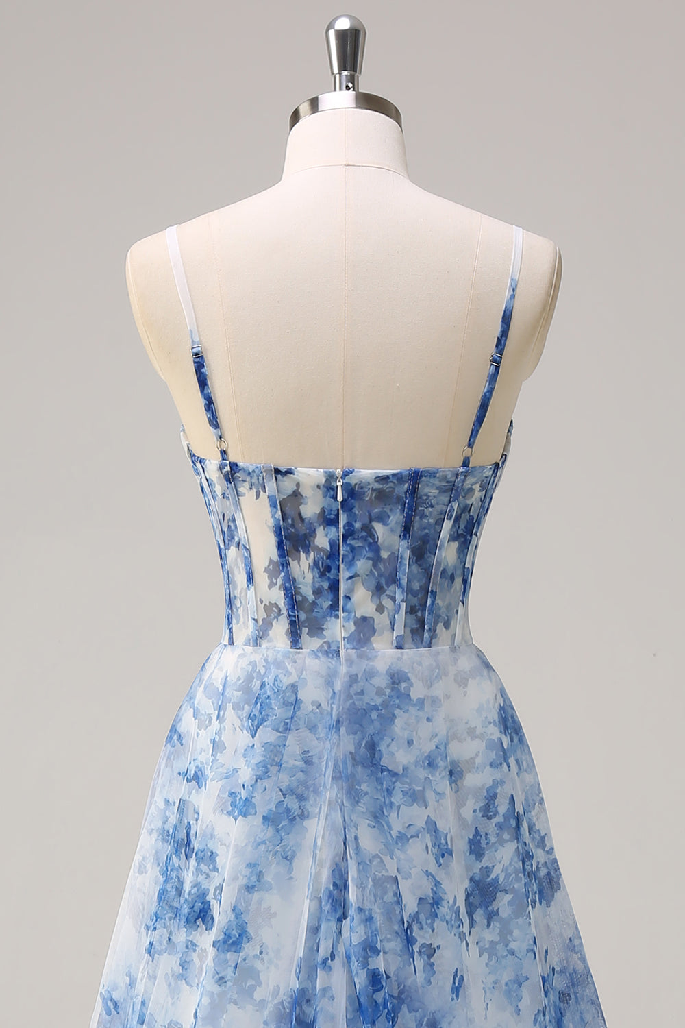 Long Chiffon Prom Dress with White Blue Flower Print Corset & A-Line Slit