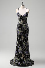 Navy Glitter Mermaid Prom Dress with Appliques and Spaghetti Straps